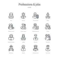 set of 16 professions & jobs concept vector line icons such as taxi driver, policewoman, model, mechanic, scientist, bouncer, judge, baseball player. 64x64 thin stroke icons
