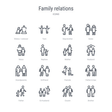 set of 16 family relations concept vector line icons such as brother, cousin, ex-husband, father, father-in-law, fiancée, girlfriend, grandparents. 64x64 thin stroke icons