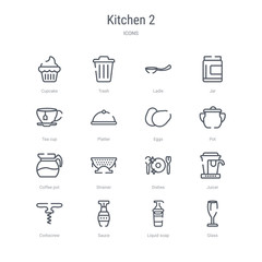 set of 16 kitchen 2 concept vector line icons such as glass, liquid soap, sauce, corkscrew, juicer, dishes, strainer, coffee pot. 64x64 thin stroke icons