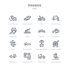 set of 16 insurance concept vector line icons such as overturned vehicle, parking crash, payment protection, problem electric, puncture in a wheel, real estate insurance, rear end collision, repair.