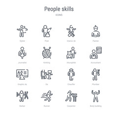 Fototapeta premium set of 16 people skills concept vector line icons such as body building, carpenter, runner, barber, plumber, chauffer, de, graphic de. 64x64 thin stroke icons