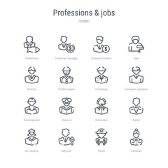 set of 16 professions & jobs concept vector line icons such as librarian, pirate, reporter, air hostess, butler, callcenter, chemist, civil engineer. 64x64 thin stroke icons