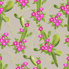 Tropical flower seamless pattern with cactus and vinca rosea -vector