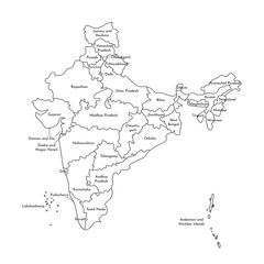 Vector isolated illustration of simplified administrative map of India. Borders and names of the states. Black line silhouettes