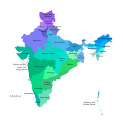 Vector isolated illustration of simplified administrative map of India. Borders and names of the states. Multi colored silhouettes