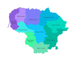 Vector isolated illustration of simplified administrative map of Lithuania. Borders and names of the counties. Multi colored silhouettes