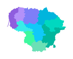 Vector isolated illustration of simplified administrative map of Lithuania. Borders of the counties. Multi colored silhouettes
