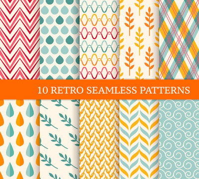 Ten retro different seamless patterns. Endless texture for wallpaper, fill, web page background, texture. Colorful geometric background. Twigs, leaves, zigzags, drops, waves and curved lines