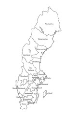 Vector isolated illustration of simplified administrative map of Sweden. Borders and names of the counties. Black line silhouettes