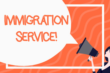 Word writing text Immigration Service. Business photo showcasing responsible for law regarding immigrants and immigration Huge Blank Speech Bubble Round Shape. Slim Woman Holding Colorful Megaphone