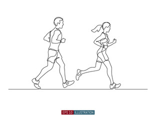 Fototapeta na wymiar Continuous line drawing of running man and woman. Template for your design. Vector illustration.