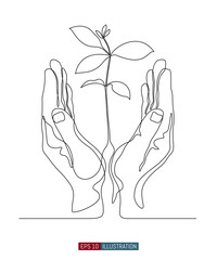 Continuous line drawing of Hand drawn hand gesture. Safe palms with sprout. Template for your design. Vector illustration.