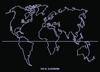Continuous line drawing of world map. Glitch effect. Template for your design. Vector illustration.