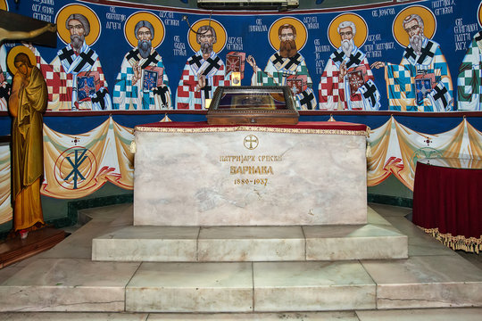 Belgrade, Serbia May 12, 2019: The grave of Serbian Patriarch Varnava I in St. Sava church in Belgrade. Varnava Rosic was the Patriarch of the Serbian Orthodox Church from 1930 to 1937.