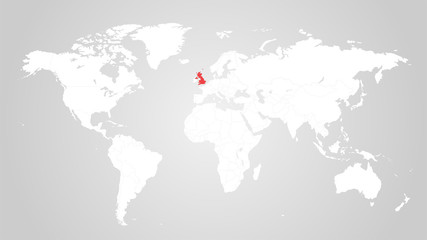 The designation of Great Britain on the world map. Red color. White territories of countries on a gray background. Vector illustration.