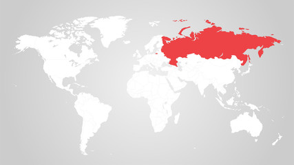 The designation of Russia on the world map. Red color. White territories of countries on a gray background. Vector illustration.