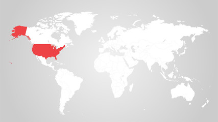 The designation of the United States of America on the world map. Red color. White territories of countries on a gray background. Vector illustration.
