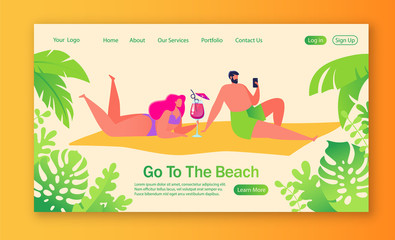 Concept of landing page on summer vacation theme. Outdoor activity and rest on the beach. Pair of flat characters resting on the beach, sunbathing lie on a sandy beach. Concept for website or web page
