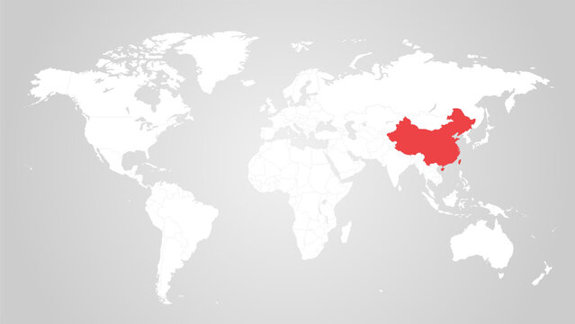 Fototapeta The designation of China on the world map. Red color. White territories of countries on a gray background. Vector illustration.