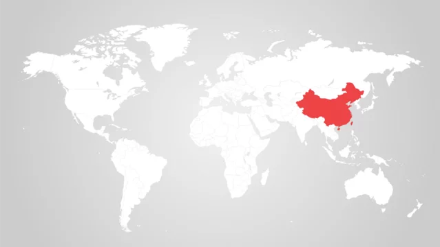 The designation of China on the world map. Red color. White territories of countries on a gray background. Vector illustration.