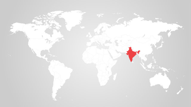 The designation of India on the world map. Red color. White territories of countries on a gray background. Vector illustration.