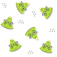 Obraz premium Seamless pattern of fresh kiwi with faces, glasses and drop shadow. Summer fruit background