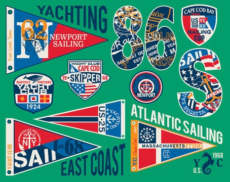 North America east coast yacht club sailing team vintage vector badges flags patches collection for print and embroidery applique