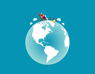 A man relaxed on the top of globe. Concept business vector illustration, Relaxing, World Map, Life style.