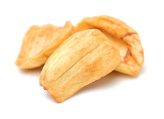 Close up of a pile of dried jackfruit chips isolated on white background