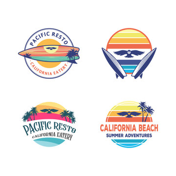 set logo designs, owl surfing logo design inspiration, with a sunset beach in the surf board