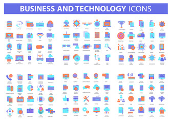 Business and marketing, programming, data management, internet connection, social network, computing, information. Thin line blue icons set. Flat vector illustration - obrazy, fototapety, plakaty