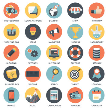 Vector collection of colorful flat search engine optimization, business, technology and finances icons. Design elements for mobile and web applications.