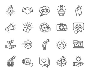 Brand ambassador line icons. Influence people, Megaphone and Representative. Handshake, influencer marketing person, social media like icons. Ambassador person. Brand pr. Vector