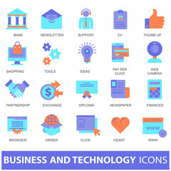 Colorful icon collection of business and technology for mobile applications and websites. Flat vector illustration