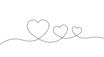 Continuous line drawing of hearts. One line love concept. Valentine day linear drawing. Single thread vector with hearts. Wedding, love and relationships background. Outine minimalism.