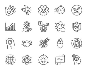 Core values line icons. Integrity, Target purpose and Strategy. Trust handshake, social responsibility, commitment goal icons. Growth chart, innovation, core values network. Vector