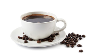 A cup of coffee and roasted beans  isolated on white background.