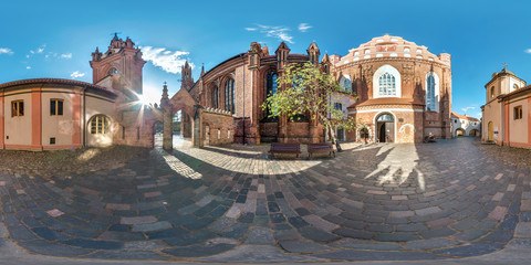 Full spherical seamless panorama 360 degrees angle in the courtyard of the old gothic church of bernardin in equirectangular projection, VR AR content