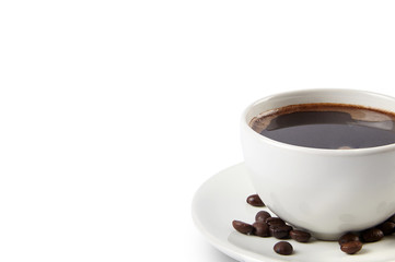 A cup of coffee and roasted beans  isolated on white background.