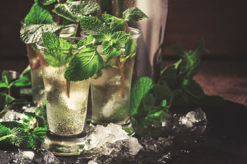 Alcoholic cocktail with vodka, mint tea, lemon juice, ice, sugar syrup and fresh peppermint, black...