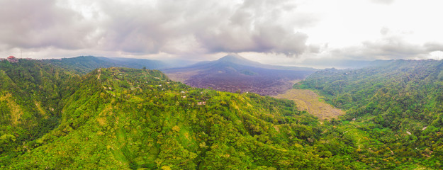 Beautiful Batur volcano, view from drone, panorama
