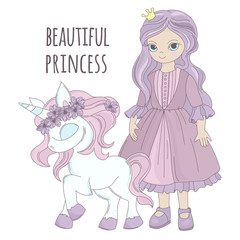 UNICORN PRINCESS Girl Birthday Party Floral Decorative Wedding Invitation Congratulation Holiday Cartoon Animal Vector Illustration Set for Print