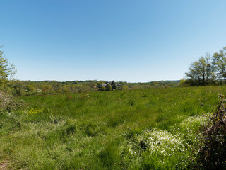 Fototapeta premium Paysage du Bourbonnais dans l'Allier. Vertes Prairies, collines et bocages de la montagne Bourbonnaise en région Auvergne-Rhônes-Alpes.