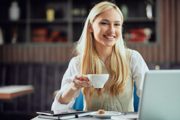 Fototapeta na wymiar Charming smiling blonde businesswoman dressed smart casual sitting in cafeteria, drinking coffee and using laptop.