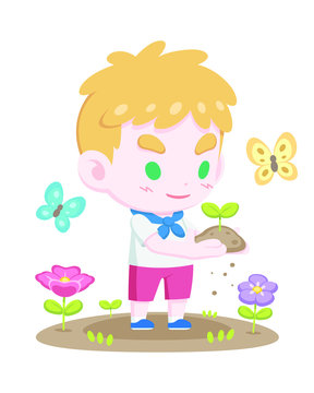 Cute young blonde boy scout holding a sprout gently with butterflies and flowers cartoon illustration