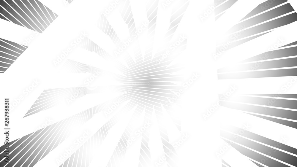 Poster abstract pattern of rays diverging from point to run, black and white with light, 3d render