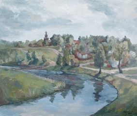 village on the river bank, rural landscape with a church