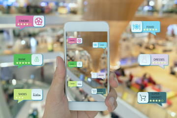 internet of things marketing concepts,smart augmented reality,customer hold the mobile phone to see...
