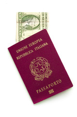 An Italian red passport with a one dollar bill inside on white background
