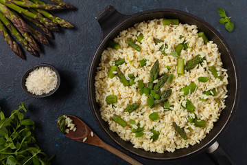 Classic Italian risotto with asparagus. Top view. Darkblue background.